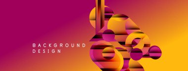 Soyut geometrik şekiller örtüşür, canlı bir gradyan arkaplan oluşturur. Turuncu, sarı, morumsu renkler kompozisyona hakim. Modern tasarım ögesi.