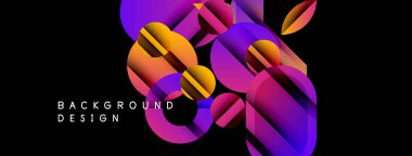 Soyut geometrik şekiller örtüşüyor, canlı renk eğimleri yaratıyor. Tasarım siyah arka planda mor, turuncu ve mavi renklere sahiptir. Modern estetik.