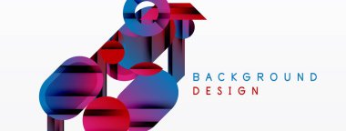 Soyut geometrik şekiller örtüşüyor, canlı renk eğimleri yaratıyor. Modern tasarım elementleri dinamik bileşimi önerir.