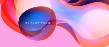 Soyut sıvı şekiller harmanlanarak canlı pembe, mavi, kırmızı gradyanlar oluşturur. Metin, merkez formda arkaplan tasarımı okur. Modern, dinamik kompozisyon.