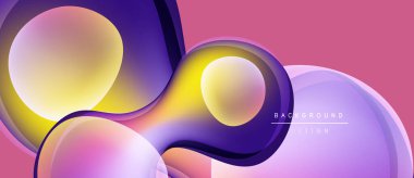 Soyut sıvı şekilleri örtüşür ve canlı renk değişimleri yaratır. Pembe, mor, sarı renkler tasarımda baskın. Modern, dinamik kompozisyon.