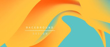 Sıvı şekiller turuncu, sarı, turkuaz karışımı. Modern arka plan tasarımı hareketi, enerjiyi ve sıcaklığı çağrıştırıyor. Basit metin örtüsü mevcut.