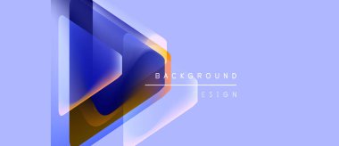 Soyut geometrik şekiller örtüşür, dinamik görsel efekt yaratır. Mavi, turuncu renkler açık mor arkaplana hakim. Modern tasarım ögesi.