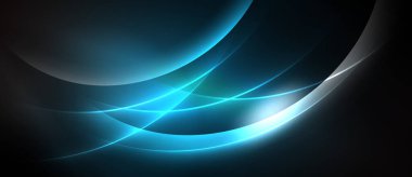 Soyut tasarım, akıcı mavi eğriler, gradyanlar, koyu arkaplan karşısında parlak röfleler içerir. Modern, dinamik kompozisyon.