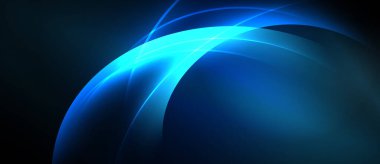 Soyut mavi eğriler, dalgalı çizgiler, koyu arkaplan. Modern tasarım, enerjik enerji, basit kompozisyon. Işık izleri hareketi işaret ediyor.