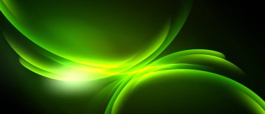 Soyut yeşil dalgalar, parlak merkez. Pürüzsüz gradyanlar dinamik akış yaratır, karanlık arka plan parlaklığı artırır. Modern tasarım ögesi.