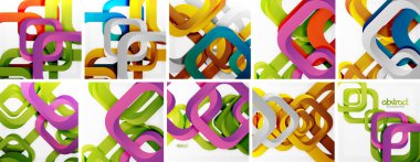 Renkli soyut tasarımlar. Geometrik şekiller örtüşür, dinamik bileşimler yaratır. Parlak renkler görsellere baskın gelir. Modern estetik.