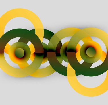 Soyut tasarım, üst üste binen daireler, sarı, yeşil renkler. Modern kompozisyon dinamik görsel etki yaratır. Basit, temiz estetik..