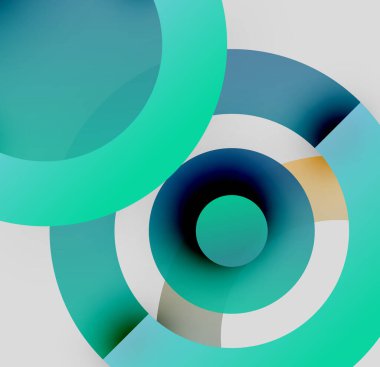Soyut daireler üst üste binerek katmanlı görsel efekt yaratır. Teal, mavi, altın rengi kompozisyona hakim. Modern tasarım.