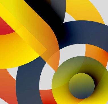 Soyut kompozisyon. Üst üste binen renkli çemberler dinamik görsel efekt yaratır. Parlak renkler tasarıma hakim. Modern, geometrik stil.