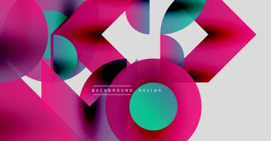 Soyut geometrik şekiller örtüşüyor, canlı pembe, turkuaz gradyanlar yaratıyor. Modern tasarım elementleri dinamik bileşimi önerir.