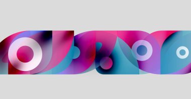 Üst üste binen renkli daireler, kıvrımlar içeren soyut bir kompozisyon. Canlı pembeler, maviler dinamik görsel efektler yaratır. Modern tasarım ögesi.