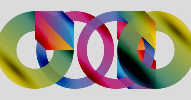 Renkli üst üste binen daireler soyut tasarım yaratır. Gradyan renkler harmanlanır ve dinamik görsel kompozisyon oluşturur. Modern, canlı, sanatsal.