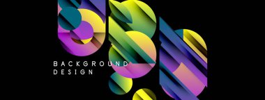 Soyut geometrik şekiller örtüşüyor, canlı renk eğimleri yaratıyor. Tasarım siyah arkaplan karşısında sarı, mor, deniz mavisi renkleri içerir.