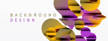 Soyut geometrik şekiller örtüşüyor, canlı renk eğimleri yaratıyor. Arkaplanda mor içerikli metin arkaplan tasarımı var. Modern, minimalist estetik.