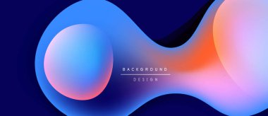 Soyut akışkan şekiller harmanlanır ve canlı gradyanlar oluşturur. Mavi, pembe, turuncu renkler koyu arkaplana hükmediyor. Minimalist tasarım unsurları.