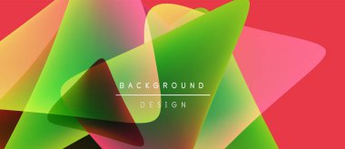 Soyut geometrik şekiller örtüşüyor, canlı renk eğimleri yaratıyor. Kırmızı arka plan yeşil, sarı renkleri tamamlıyor. Modern tasarım ögesi.