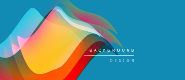 Soyut renkli dalgalar örtüşüyor ve dinamik bir zemin oluşturuyor. Metin arka plan tasarımı okur. Parlak renkler kompozisyona hakim.