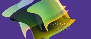 Soyut şekiller örtüşüyor, canlı renk değişimleri yaratıyor. Mor arkaplan, akıcı tasarım elementlerini tamamlar. Modern, dinamik kompozisyon.