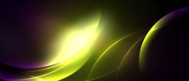 Soyut tasarım dalgalı kıvrımlar, canlı renkler içerir. Sarı, mor, yeşil karışım dinamik görsel etki yaratıyor. Düzen eğimleri kompozisyona hakim.