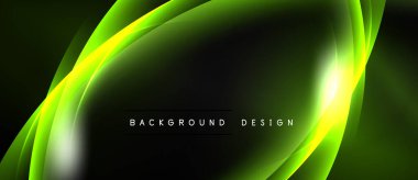 Siyah arkaplan üzerinde soyut yeşil dalgalar. Modern tasarım parlayan kıvrımlar, dinamik şekiller, metin arkaplan tasarımı.