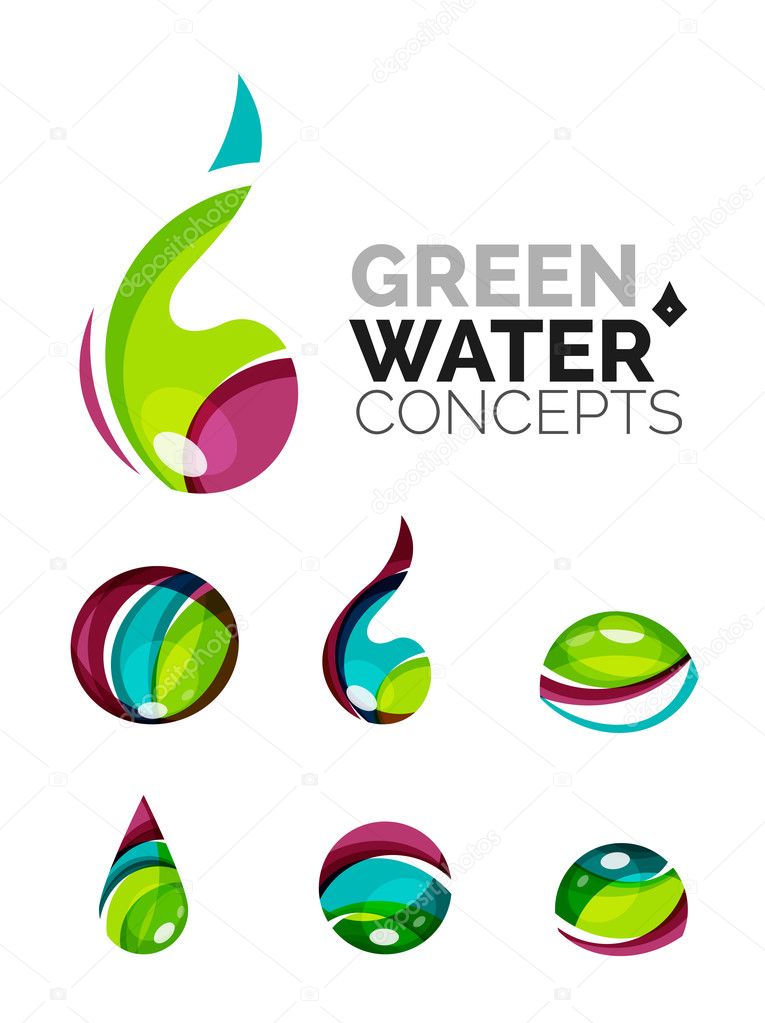 Set of abstract eco water icons, business logotype nature green concepts, clean modern geometric design. Created with transparent abstract wave lines