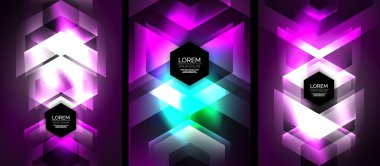 Soyut geometrik tasarımlar. Neon renkleri karanlık arka planlara karşı parlıyor. Altıgenler, üçgenler fütüristik görüntüler yaratır. Şekiller içinde mevcut metin ögeleri.