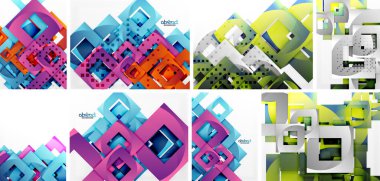 Soyut geometrik tasarımlar. Parlak renkler, kareler, dikdörtgenler dinamik kompozisyonlar oluşturur. Modern tarz, canlı görseller..