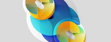 Soyut şekiller örtüşür, canlı renk karışımları yaratır. Hap kapsülleri katmanlı formların üzerinde yüzer, tıbbı ve sağlık kavramlarını önerirler..