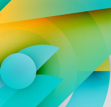 Soyut renkli tasarım. Üst üste binen şekiller canlı gradyanlar oluşturur, içinde mavi, sarı ve yeşil renkler bulunur. Minimalist kompozisyon, modern estetik.