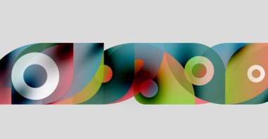 Soyut renkli şekiller örtüşür, dinamik görsel efekt yaratır. Çemberler, kıvrımlar, gradyanlar kusursuz bir şekilde harmanlanır. Modern tasarım.