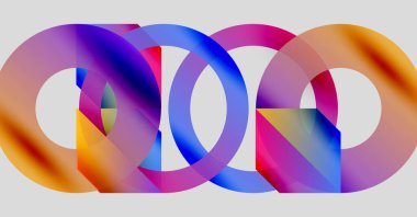 Birbirine kenetlenmiş renkli halkalar soyut tasarım yaratır. Gradyan renkler harmanlanır ve dinamik görsel kompozisyon oluşturur. Modern, canlı, parlak..