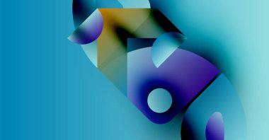 Bulanık geometrik şekiller içeren soyut bileşim. Mavi, mor, altın rengi karışım dinamik görsel efekt yaratır. Yumuşak eğimler baskın gelir.