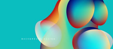 Soyut sıvı şekilleri örtüşür ve canlı renk değişimleri yaratır. Turkuaz arka plan dinamik bileşimi tamamlar. Modern tasarım ögesi.