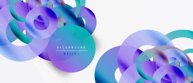 Soyut daireler örtüşüyor, parlak mavi ve mor renkler yaratıyor. Arka planlar ve sunumlar için modern tasarım öğesi. Temiz, minimalist estetik.