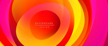 Soyut canlı katmanlar dairesel hareket yaratır. Sıcak renkler baskın, pembeden turuncuya, sarıya dönüşüyor. Modern tasarım ögesi.