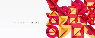 Soyut geometrik desen. Kırmızı, sarı şekiller beyaz uzayla örtüşüyor. Arkaplan ve sunumlar için modern tasarım ögesi.