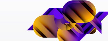 Soyut şekiller örtüşüyor, canlı gradyanlar yaratıyor. Sarılar, morlar harmanlanır, dinamik bileşim oluşturur. Modern tasarım elemanları.