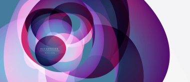 Soyut dairesel katmanlar canlı, akışkan bir tasarım yaratıyor. Mor, mavi, pembe renkler kusursuz bir şekilde harmanlanır. Modern arkaplan ögesi.