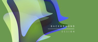 Soyut sıvı şekilleri örtüşür, parlak yeşil ve mavi renkler yaratır. Metin arka plan tasarımını merkez formun altında okur. Minimalist estetik.