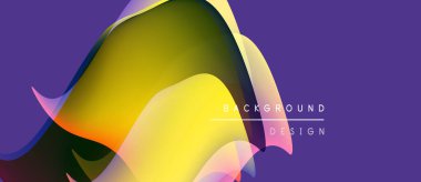 Soyut sıvı şekilleri örtüşür, parlak sarı ve mor renkler yaratır. Modern tasarım öğeleri hareket, enerji, görsel cazibe.