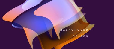 Soyut sıvı şekilleri örtüşür, canlı gradyanlar yaratır. Mor arka plan turuncu, mavi renkleri tamamlar. Modern tasarım ögesi.