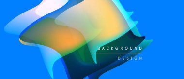 Soyut sıvı şekilleri örtüşür ve canlı renk değişimleri yaratır. Mavi arka plan turuncu ve sarı renkleri tamamlıyor. Metin arkaplan tasarımı okur.