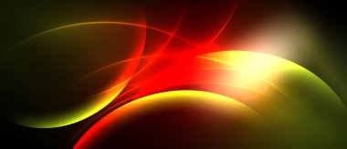 Soyut tasarım canlı kıvrımlar, kırmızı renkler, sarı parlaklık içerir. Koyu arkaplan akış çizgilerini vurgular, dinamik görsel etki yaratır.