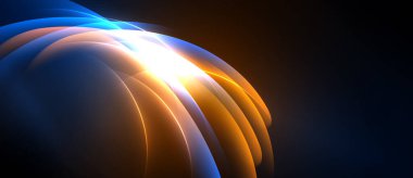 Soyut ışık kompozisyonu. Mavi, turuncu renkler harmanlanır ve dinamik enerji yaratır. Parlak odak noktası dışa doğru yayılır, hareket, derinlik.