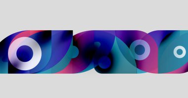 Üst üste binen daireler, canlı renkler, dinamik şekiller içeren soyut kompozisyon. Eğilimli modern tasarım, pürüzsüz geçişler.