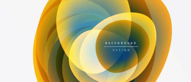 Soyut tasarım katmanlı daireler, canlı renkler içerir. Sarılar, portakallar, maviler dinamik görsel efekt yaratır. Modern, temiz estetik.