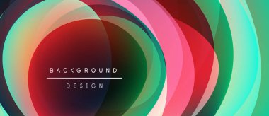 Soyut renkli katmanlar dinamik dairesel tasarım yaratır. Metin, arka plan tasarımını kırmızı merkezden okur. Modern görsel element.