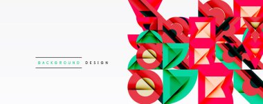 Soyut geometrik şekiller örtüşür, canlı renkli tasarım yaratır. Kırmızı, yeşil, siyah elementler beyaz arkaplana hükmediyor. Modern estetik.