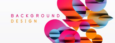 Soyut renkli daireler beyaz uzayla örtüşüyor. Modern tasarım elementleri dinamik görsel etki yaratır. Parlak renkler kompozisyona hakim.